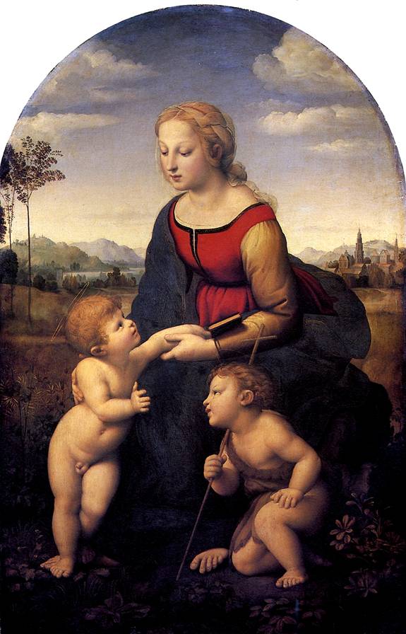 РАФАЭЛЬ Прекрасная садовница (Мадонна с младенцем и св. Иоанном Крестителем в пейзаже), 1507
